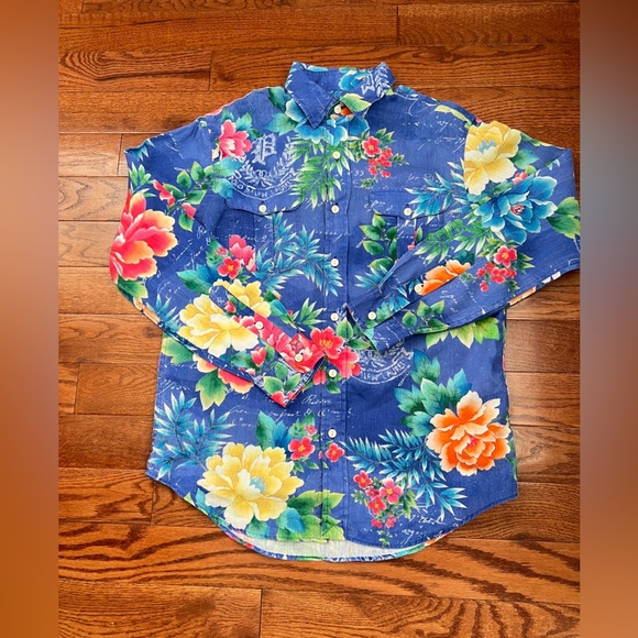 Polo by Ralph Lauren Men's Blue Custom Fit Floral Linen Shirt Sz M - Picture 7 of 9